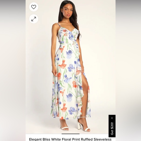 Lulus Elegant Bliss White Floral Print Ruffled Sleeveless Maxi Dress size l - Picture 3 of 7